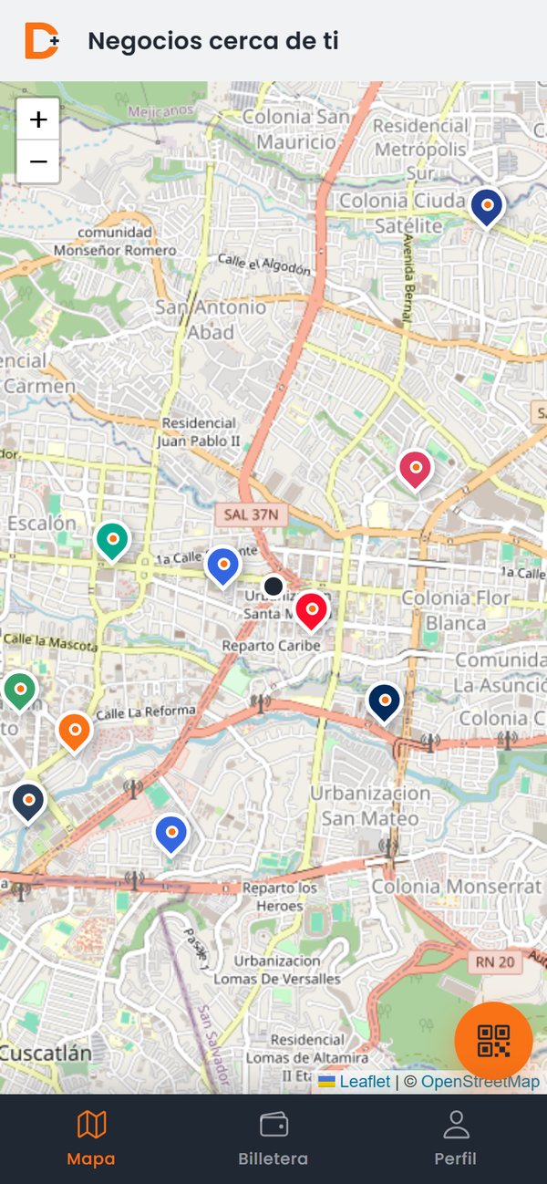 Mapa de negocios cercanos en la app D+